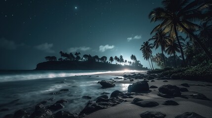 Beautiful beach with palm trees at night. Moon light. AI generative image.