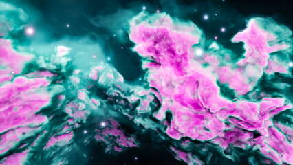 fly in a nebula fields. blue and pink gas nebula. space exploration with star and gas nebula. pink nebula cloud in space background.