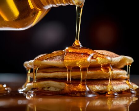 golden syrup drizzling over a stack of pancakes