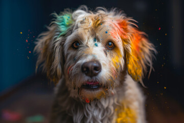 portrait of cute dog covered in paint. Funny playful dog. Generative AI