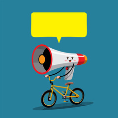 Naklejka premium The megaphone rides a bicycle and announces a message. Flat vector illustration character design