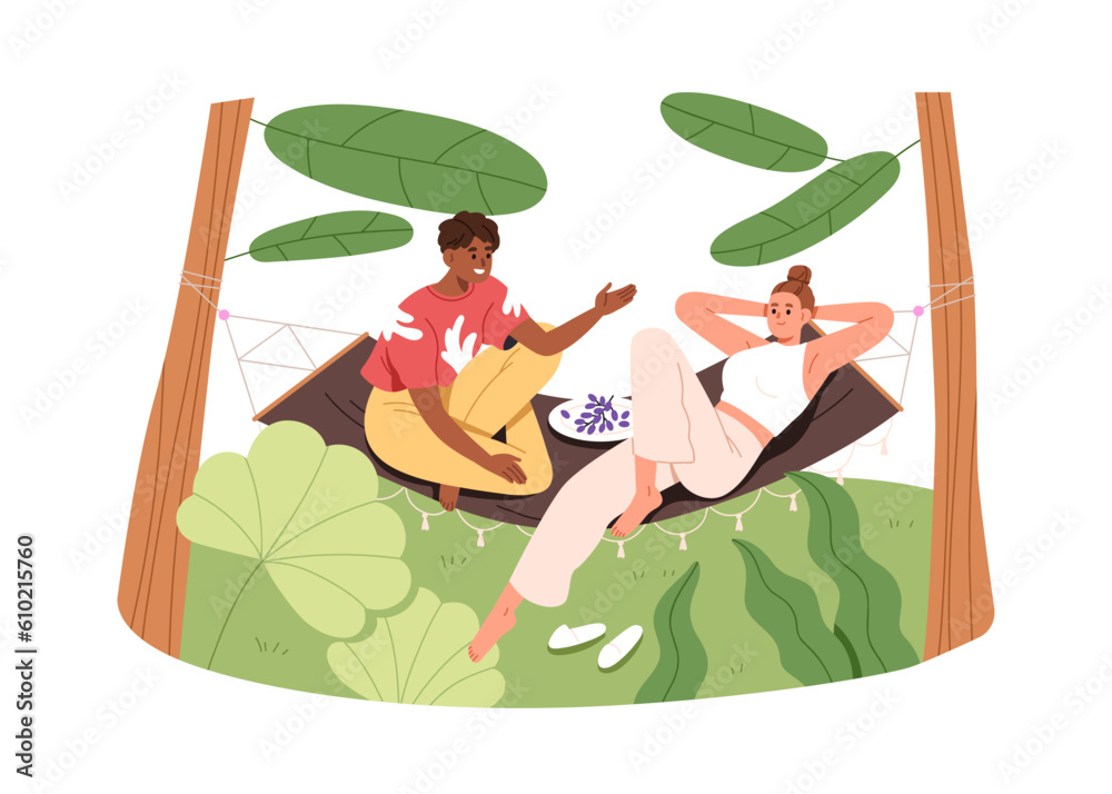 Poster Girls friends relaxing in hammock between trees on summer holiday. Girlfriends talking, resting outdoors in nature on vacation, weekend. Flat graphic vector illustration isolated on white background