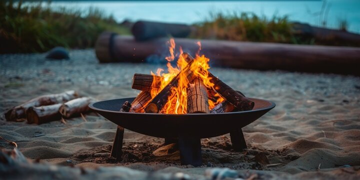 Cast iron fire pit campfire place at forest beach camping with brgiht burning flame