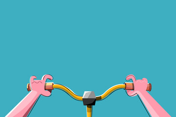 Human hand holding a bicycle handlebar, an object for working on travel and fitness graphic artwork.
