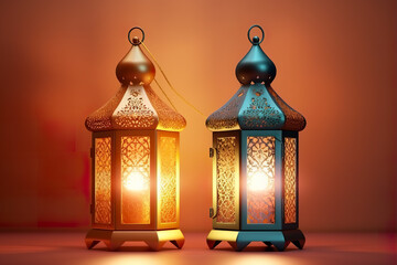 Arabic Ramadan Lantern, Decoration lamp, Islamic greeting Eid Mubarak cards for Muslim Holidays. Orange background