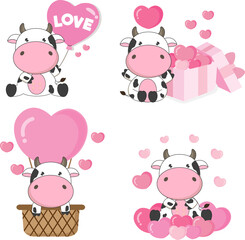 Valentine's day collection with cute cow  and love elements. . Png clipart isolated on transparent background