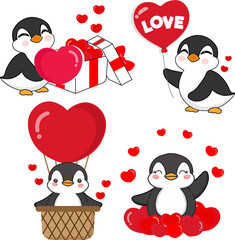 Valentine's day collection with cute penguin and love elements.  Png clipart isolated on transparent background