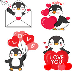 Valentine's day collection with cute penguin and love elements.  Png clipart isolated on transparent background