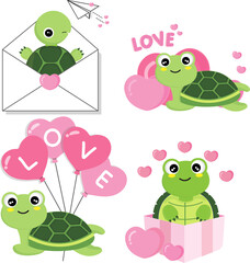 Obraz premium Valentine's day collection with cute turtle and love elements. Png clipart isolated on transparent background