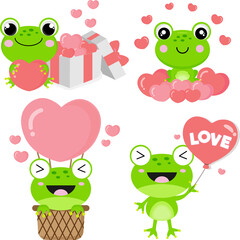 Valentine's day collection with cute frog  and love elements. Png clipart isolated on transparent background