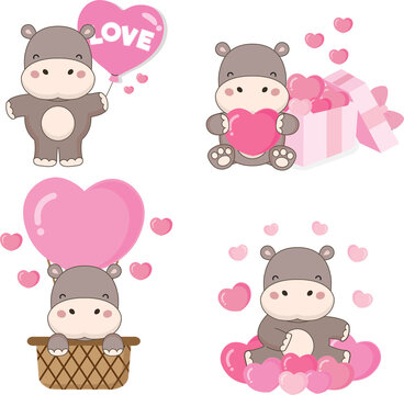 Valentine's day collection with cute Hippo  and love elements. Png clipart isolated on transparent background