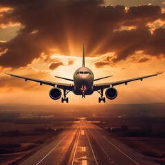 Fototapeta na wymiar an airplane flying by sunset