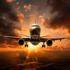 Fototapeta premium an airplane flying by sunset