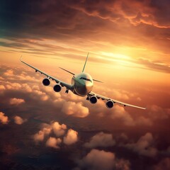 Fototapeta na wymiar a airplane flying by sunset 