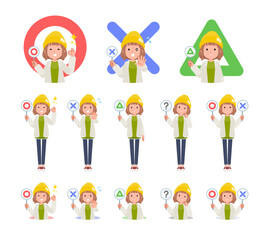 まるばつプレートを持ったカジュアルファッション女性のセット