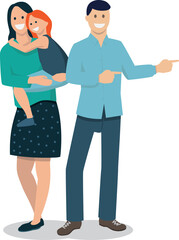 Illustration vectorielle en flat design. Famille heureuse et souriante indiquant une direction en faisant un signe de la main