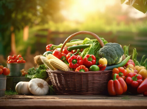 Fresh organic bio vegetables in a wicker basket on a blurred green background. Harvesting. Harvest and healthy food concept.Generative AI