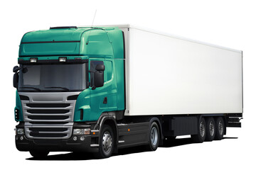 A modern European truck with a blue green cab, black plastic bumper and a full white semi-trailer. Front side view isolated on white background.