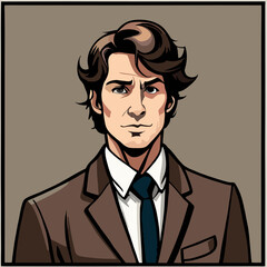 a man has curly brown hair and a determined expression. He wears a cap, a button-down shirt, cargo pants, and hiking boots. illustration, comic book.