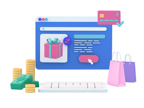 3d online shopping web page with gift box, shopping bags, interest rate icon, cash and coins. Sales,  e-commerce, discount , special offer,  economy, savings concept. 3d render illustartion.