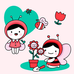 Cute Girl and boy drawing cartoon style, young couple for Valentine's card with text