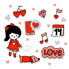 Cute Girl and accessories drawing cartoon style, young couple for Valentine's card with text,
