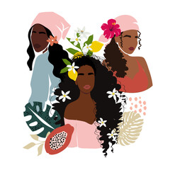A group of beautiful black women and tropical leaves. Modern flat lay style. Female portrait. Design  for banner, poster, flyer, t-shirt print