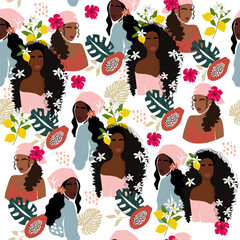 A group of beautiful black women and tropical leaves seamless pattern. Modern flat lay style. Design  for banner, poster, flyer, t-shirt print