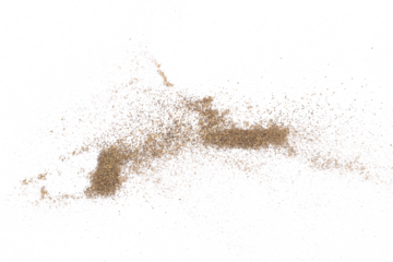 Minced black pepper, ground peppercorn pile isolated on white, top view