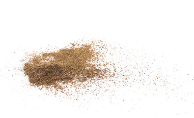 Minced black pepper, ground peppercorn pile isolated on white, side view