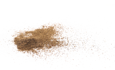 Minced black pepper, ground peppercorn pile isolated on white, side view