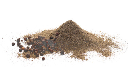 Minced black pepper and grains, ground peppercorn pile isolated on white, side view