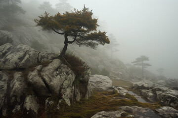 a lonely tree growing on a rock in the fog, generative AI