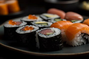 Sushi, rolls with salmon, red fish, generative AI