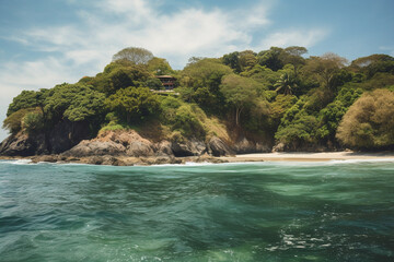 Fototapeta premium View of a beautiful beach and housing with palm trees in the style of Hawaii, Generative AI