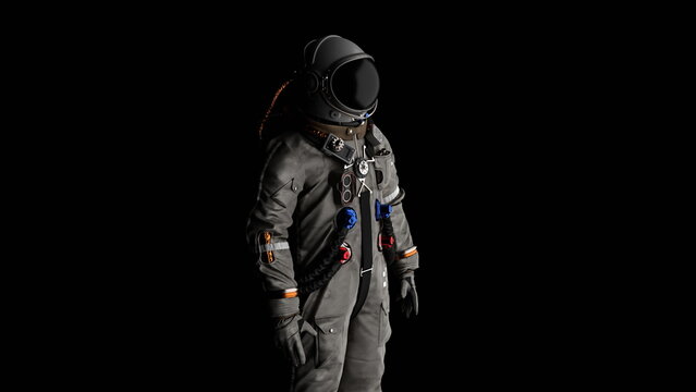 Portrait of astronaut cosmonaut on black background looking into distance. 3d render