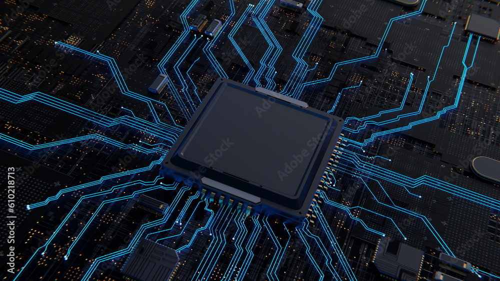 Poster ai computer chip processor on motherboard glows blue. artificial intelligence graphics chip, mining,