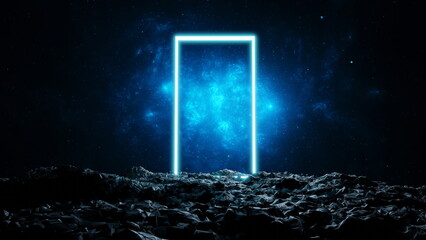 Glowing doorway portal in space on a stone planet. A door to other worlds. 3d render