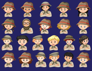  Set of different characters of boys and girls scout costume