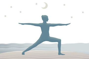 海でヨガの戦士のポーズをする人のシルエットのイラスト