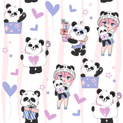 Cute baby panda, anime little girl and gift boxes in kawaii doodle style. Happy Birthday concept. Vector cartoon illustration seamless pattern