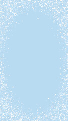 Falling snowflakes christmas background. Subtle flying snow flakes and stars on light blue winter backdrop. Beautifully falling snowflakes overlay. Vertical vector illustration.
