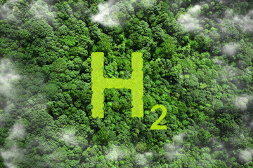 H2 eco technology Renewable Clean energy. H2 symbol on green grass in the forest. Green Energy...