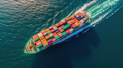 Aerial view of container ship in the sea. Freight transportation concept. Generative AI.