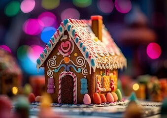gingerbread house with vibrant colored frosting and intricate decorations