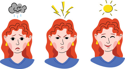 Set of woman with different emotions flat style. Mental health. Mental health awareness.
