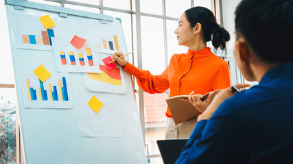 Young woman explains business data on white board in casual office room . The confident Asian businesswoman reports information progress of a business project to partner to determine strategy . Jivy