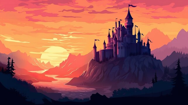Abstract background old castle. A mesmerizing illustration of an ancient castle, beautifully presented in a banner design with an abstract background and a picturesque sunset. Generative AI.