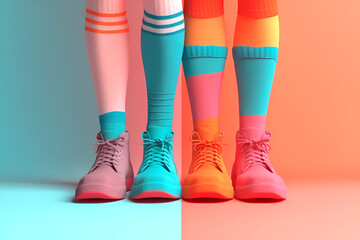 Creative trend, legs in colorful sneakers and socks in pop art style, bright color background with copy space. Generated AI