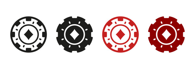 Poker, Gamble Betting Sign. Lucky Game Suit in Casino Roulette Pictogram Collection. Poker Chip, Diamonds Silhouette Icons Set. Fortune Games, Gambling, Money Bets. Isolated Vector Illustration